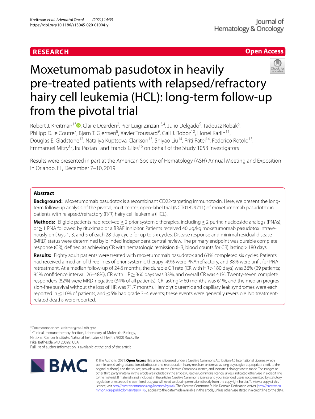 Moxetumomab Pasudotox in Heavily Pre‑Treated Patients with Relapsed/Refractory Hairy Cell Leukemia (HCL): Long‑Term Follow‑Up from the Pivotal Trial Robert J