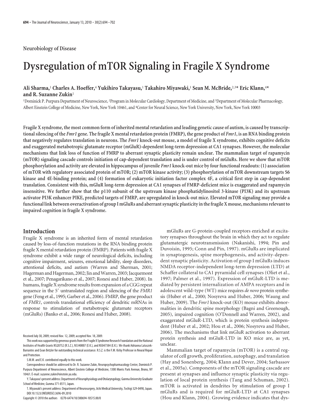 Dysregulation of Mtor Signaling in Fragile X Syndrome