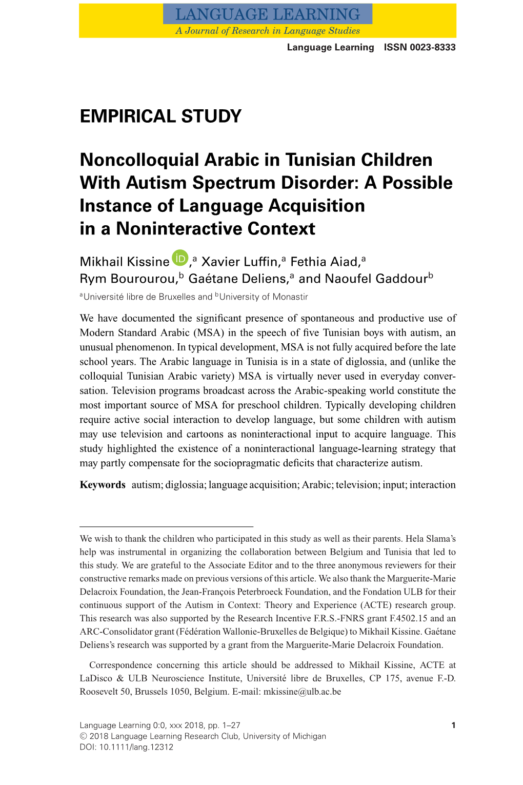 Noncolloquial Arabic in Tunisian Children with Autism Spectrum Disorder: a Possible Instance of Language Acquisition in a Noninteractive Context