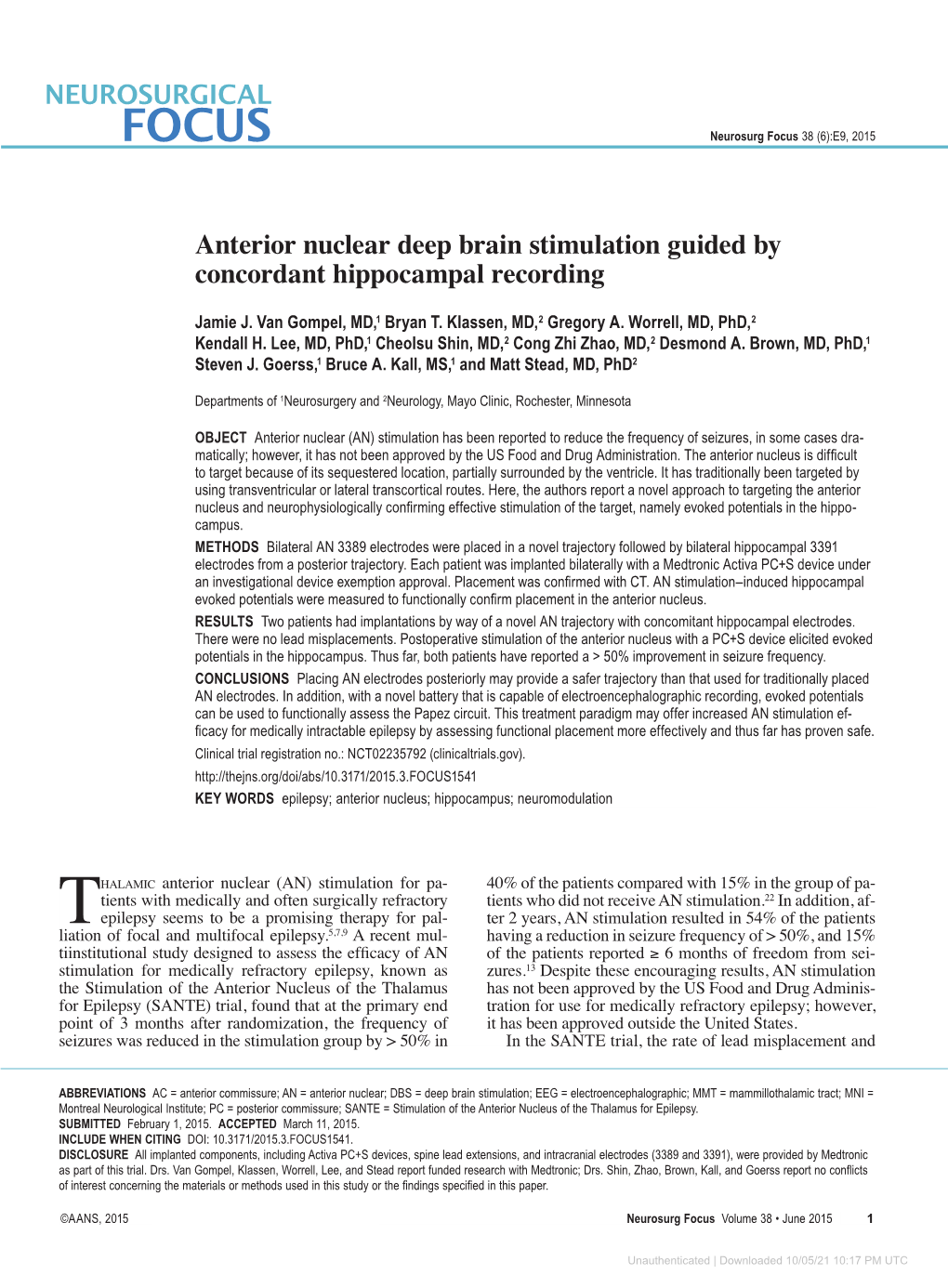 Anterior Nuclear Deep Brain Stimulation Guided by Concordant Hippocampal Recording