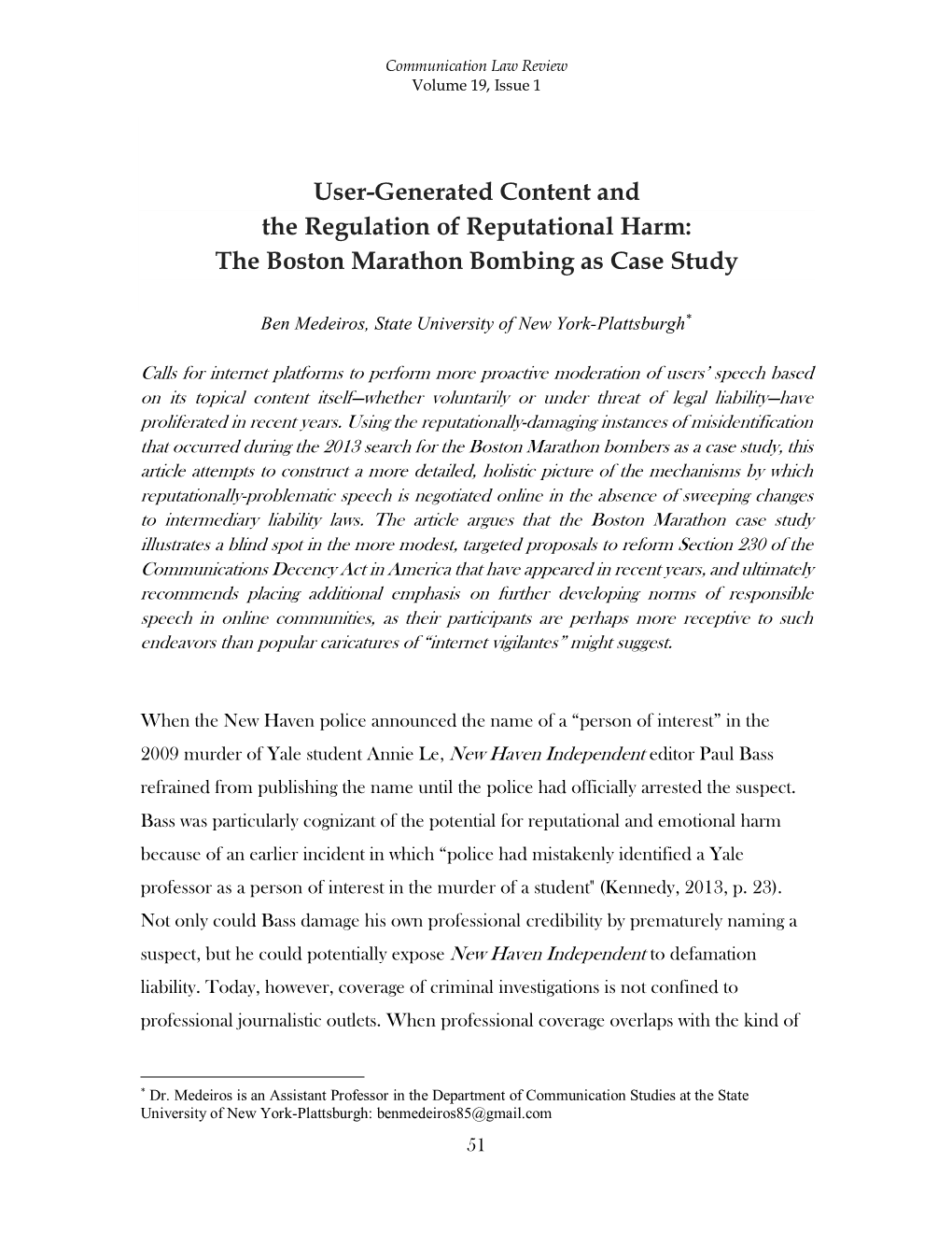 User-Generated Content and the Regulation of Reputational Harm: the Boston Marathon Bombing As Case Study