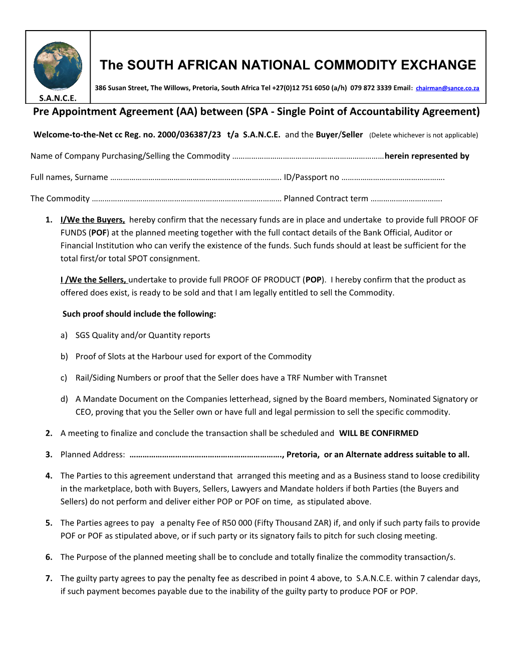 Pre Appointment Agreement (AA) Between (SPA - Single Point of Accountability Agreement)