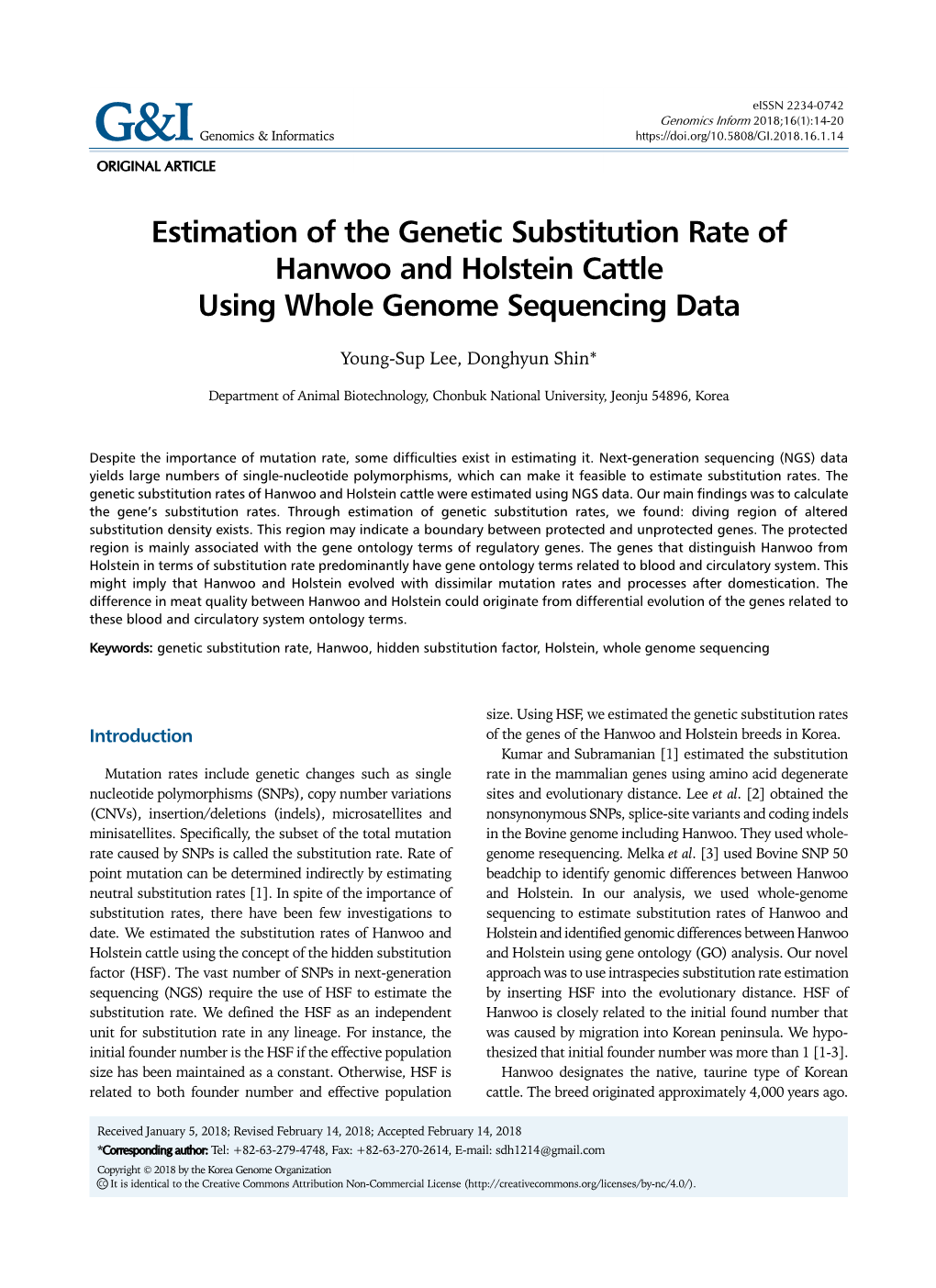 Estimation of the Genetic Substitution Rate of Hanwoo and Holstein Cattle Using Whole Genome Sequencing Data