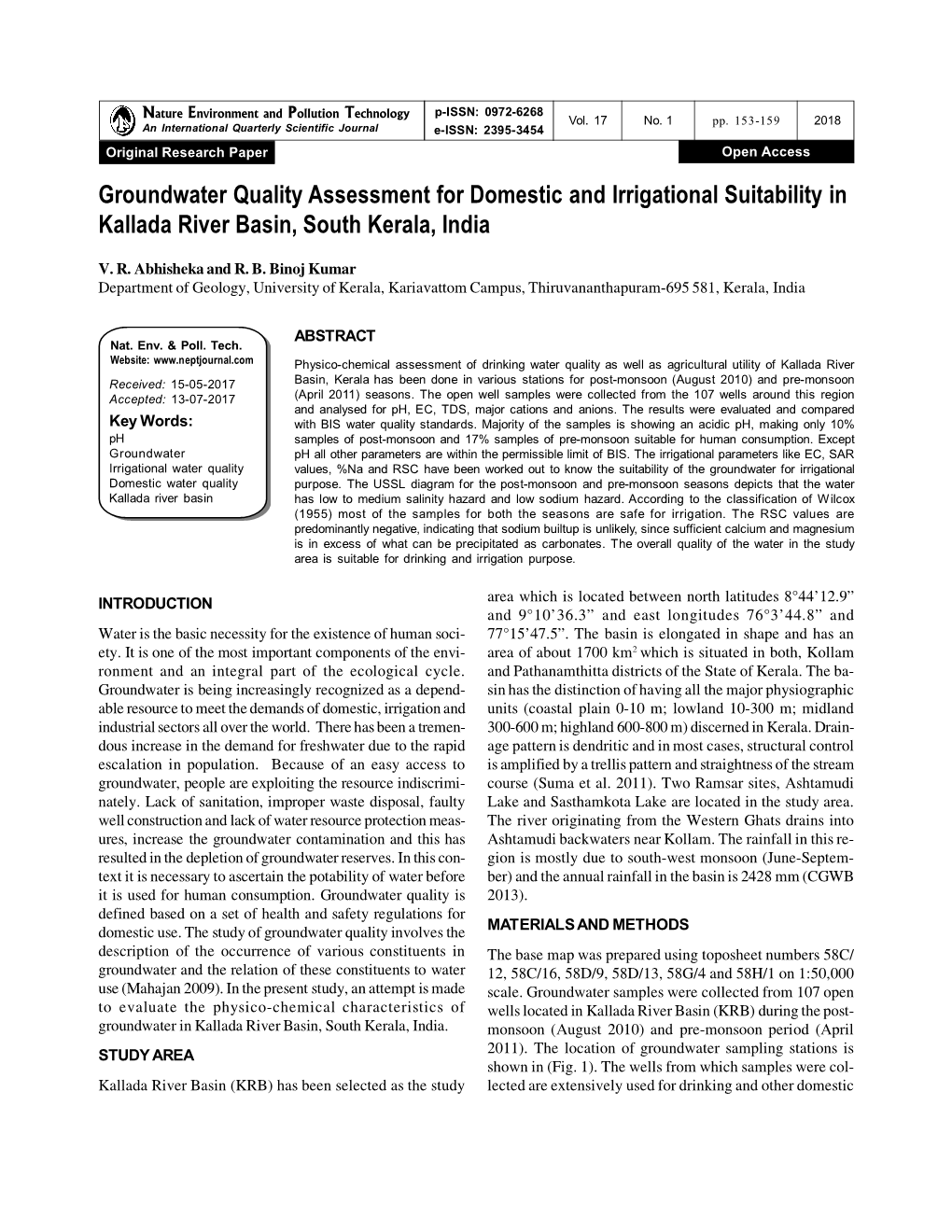 Groundwater Quality Assessment for Domestic and Irrigational Suitability in Kallada River Basin, South Kerala, India