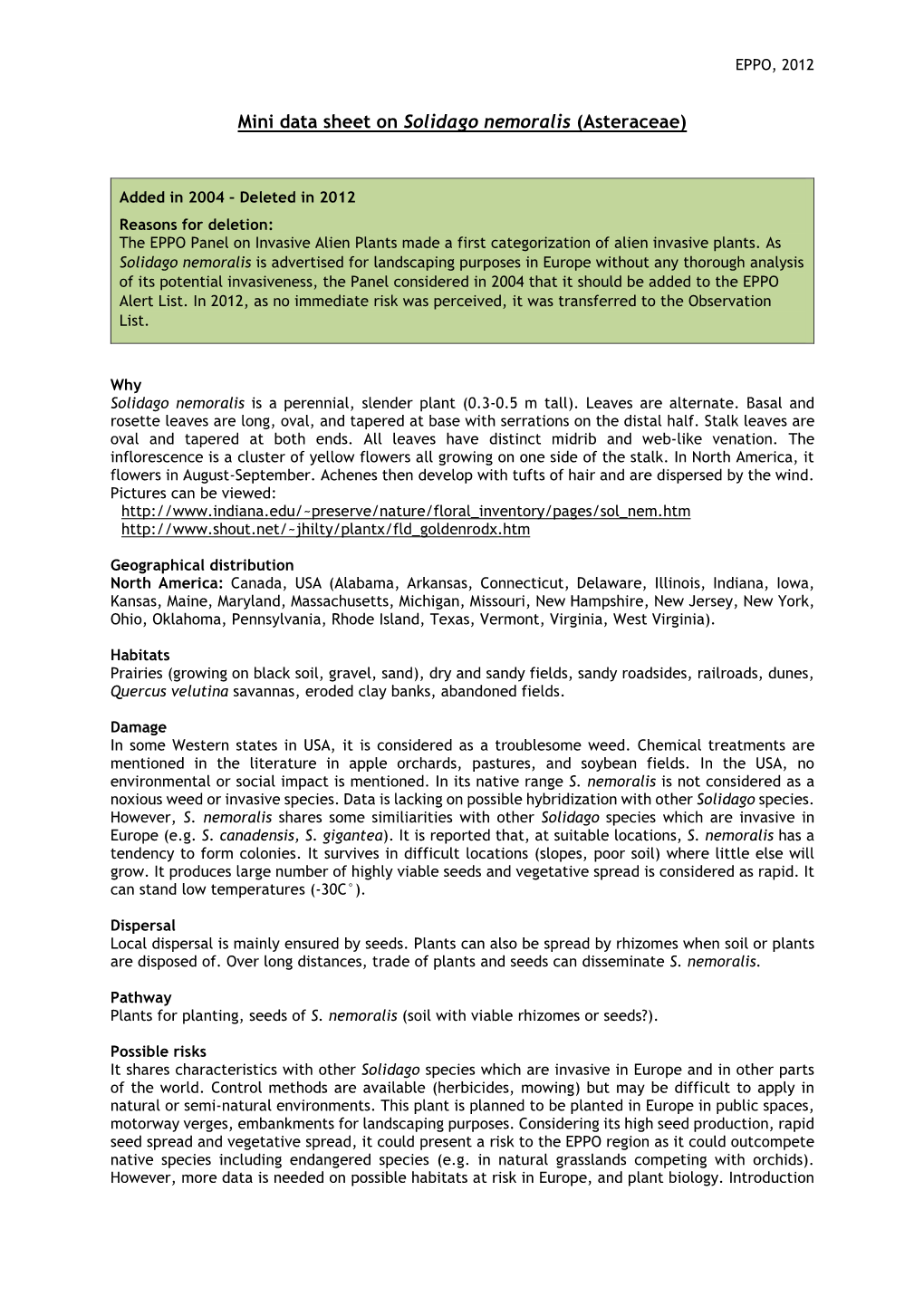 Mini Data Sheet on Solidago Nemoralis (Asteraceae)