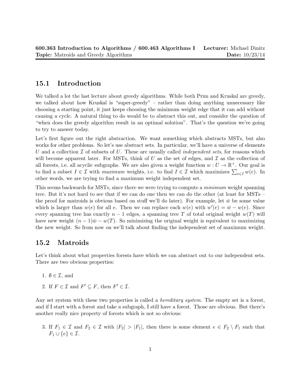 15.1 Introduction 15.2 Matroids