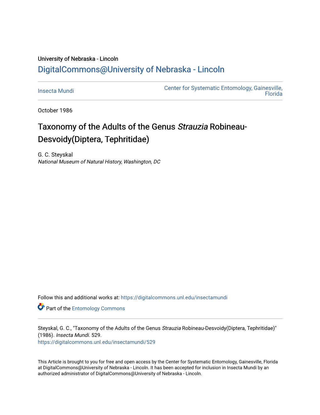 Taxonomy of the Adults of the Genus Strauzia Robineau-Desvoidy(Diptera, Tephritidae)" (1986)