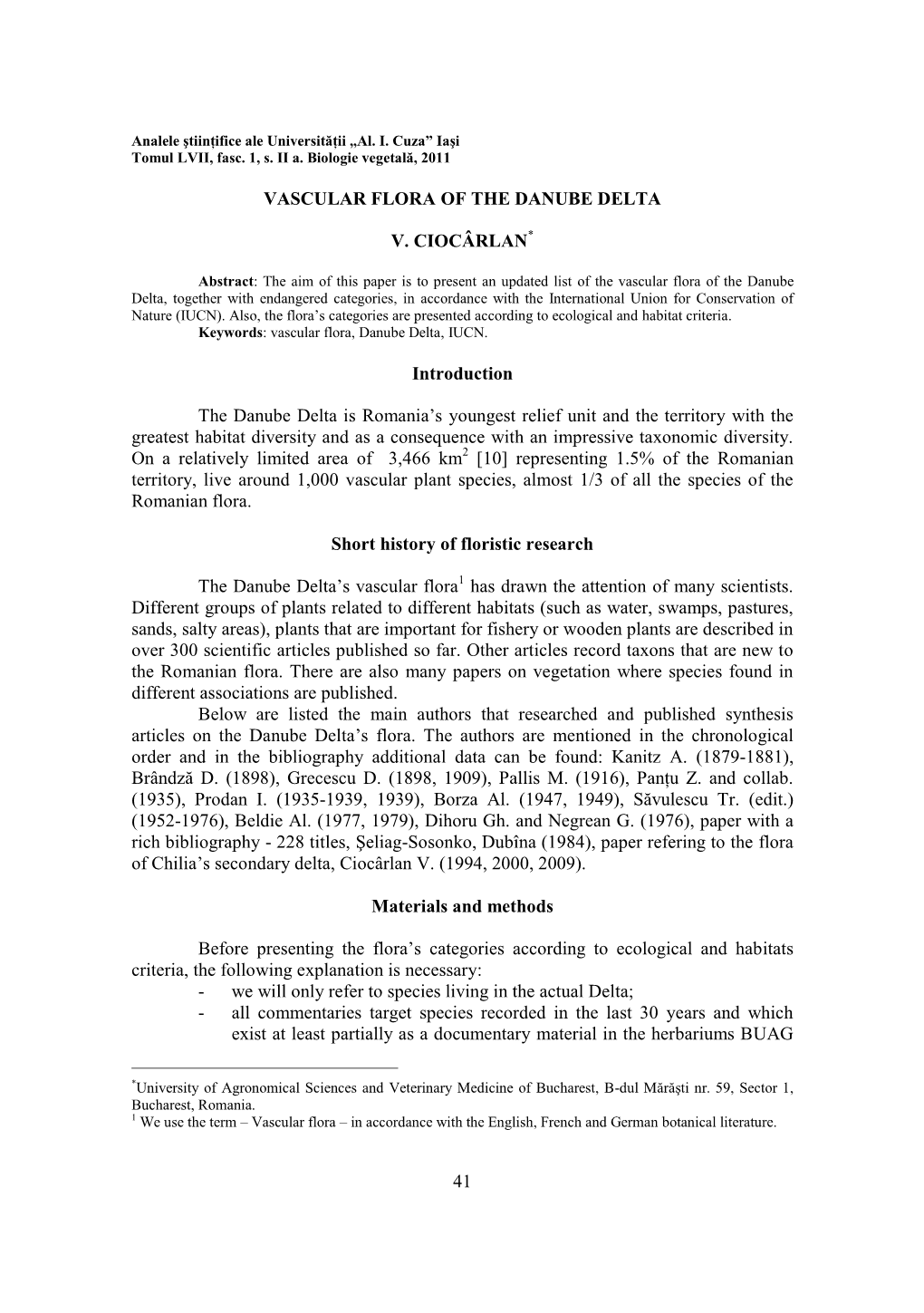 41 Vascular Flora of the Danube Delta V. Ciocârlan