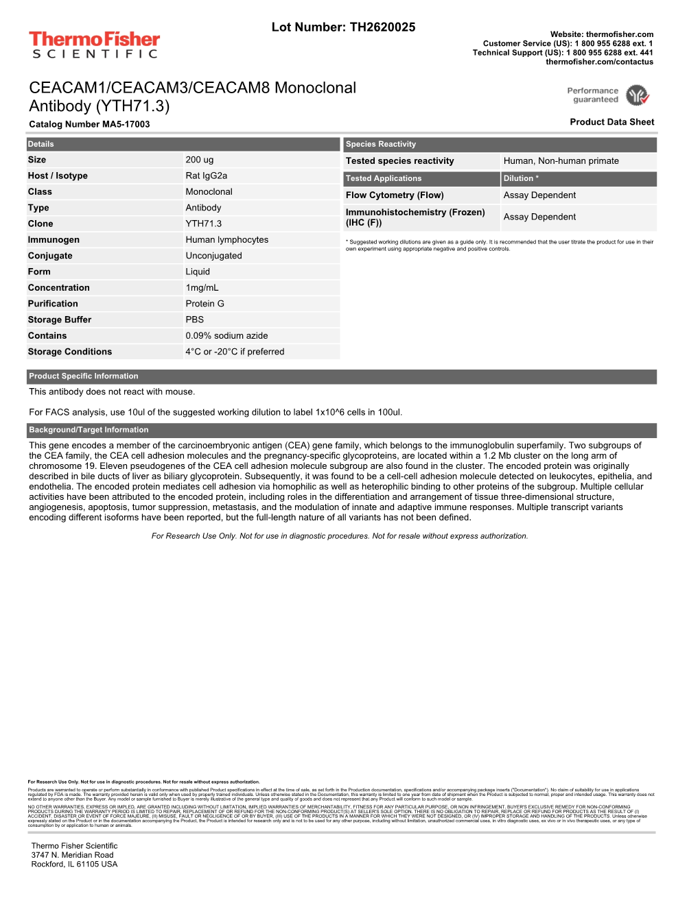 CEACAM1/CEACAM3/CEACAM8 Monoclonal Antibody (YTH71.3) Catalog Number MA5-17003 Product Data Sheet