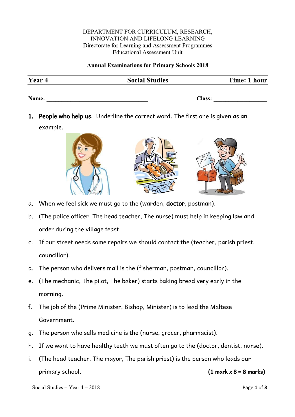 Year 4 Social Studies Time: 1 Hour