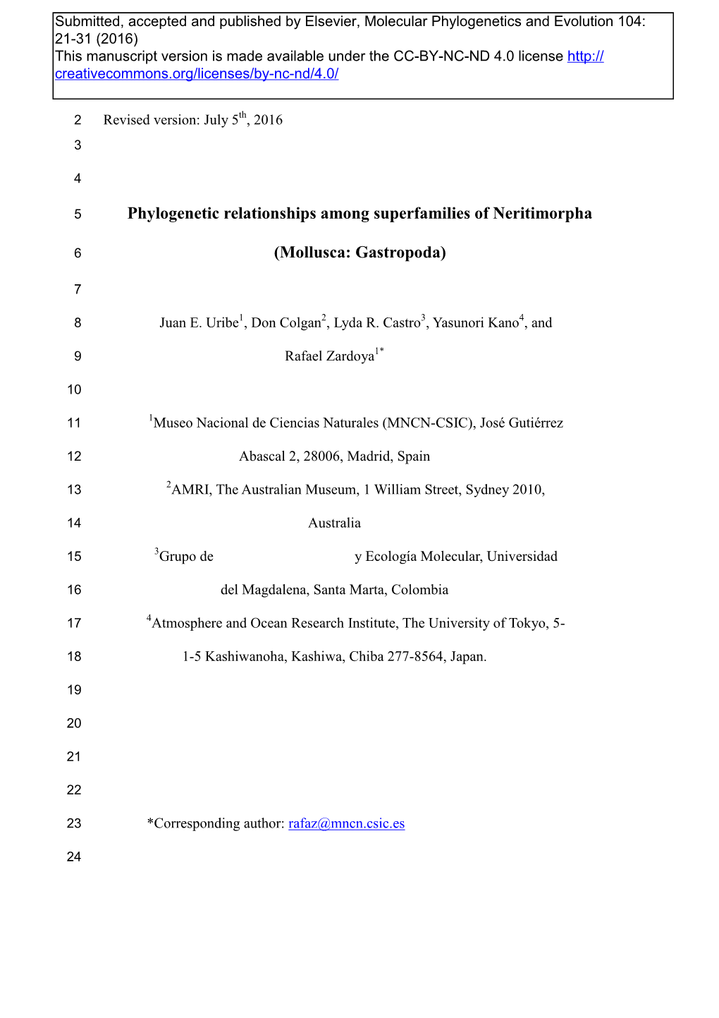 Phylogenetic Relationships Among Superfamilies of Neritimorpha