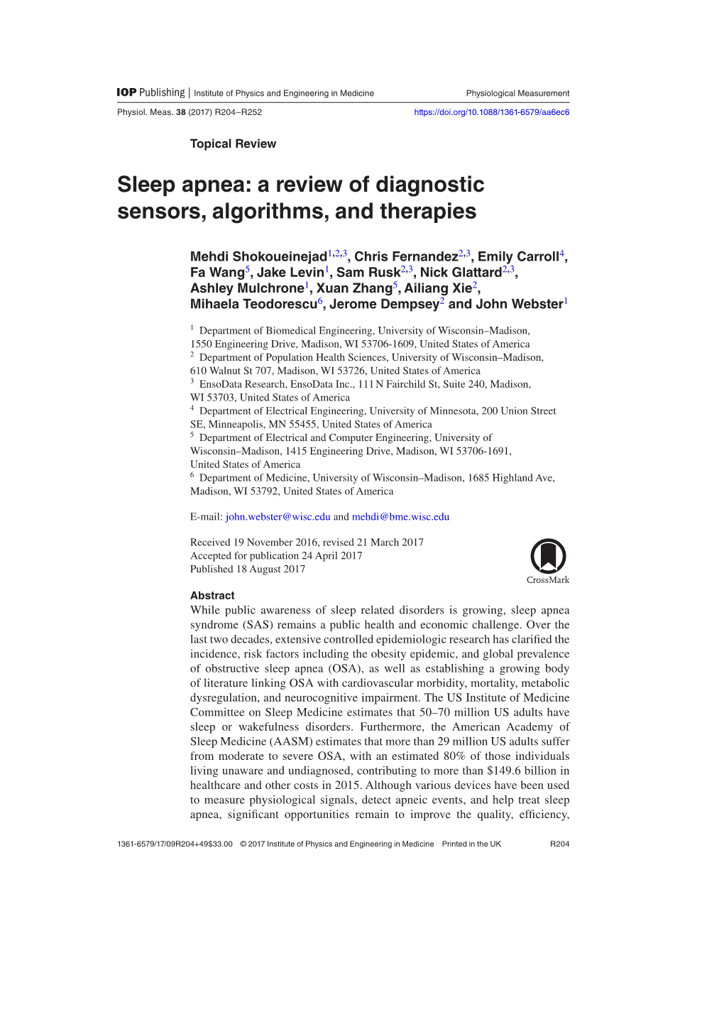Sleep Apnea: a Review of Diagnostic Sensors, Algorithms, and Therapies PMEAE3