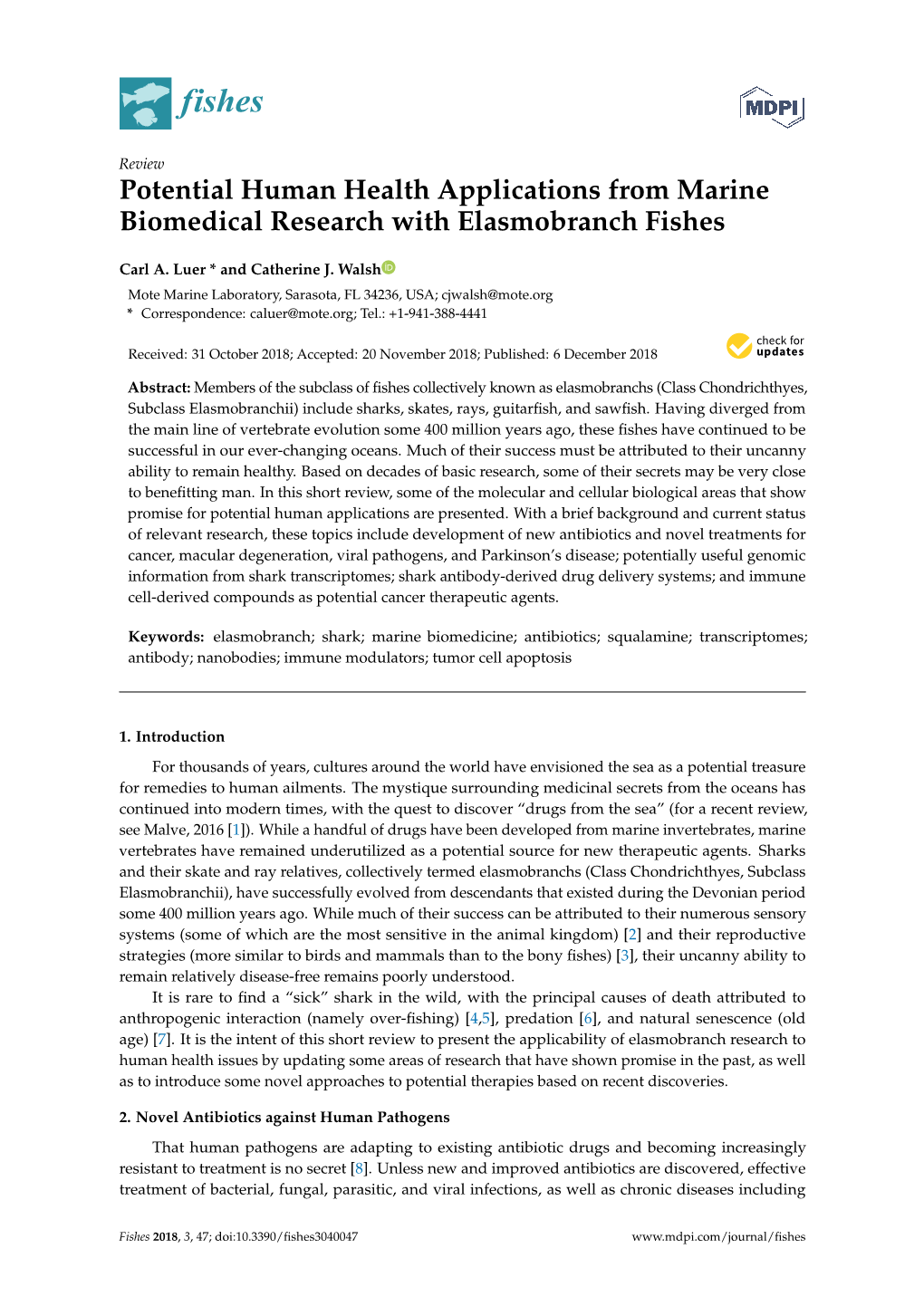 Potential Human Health Applications from Marine Biomedical Research with Elasmobranch Fishes