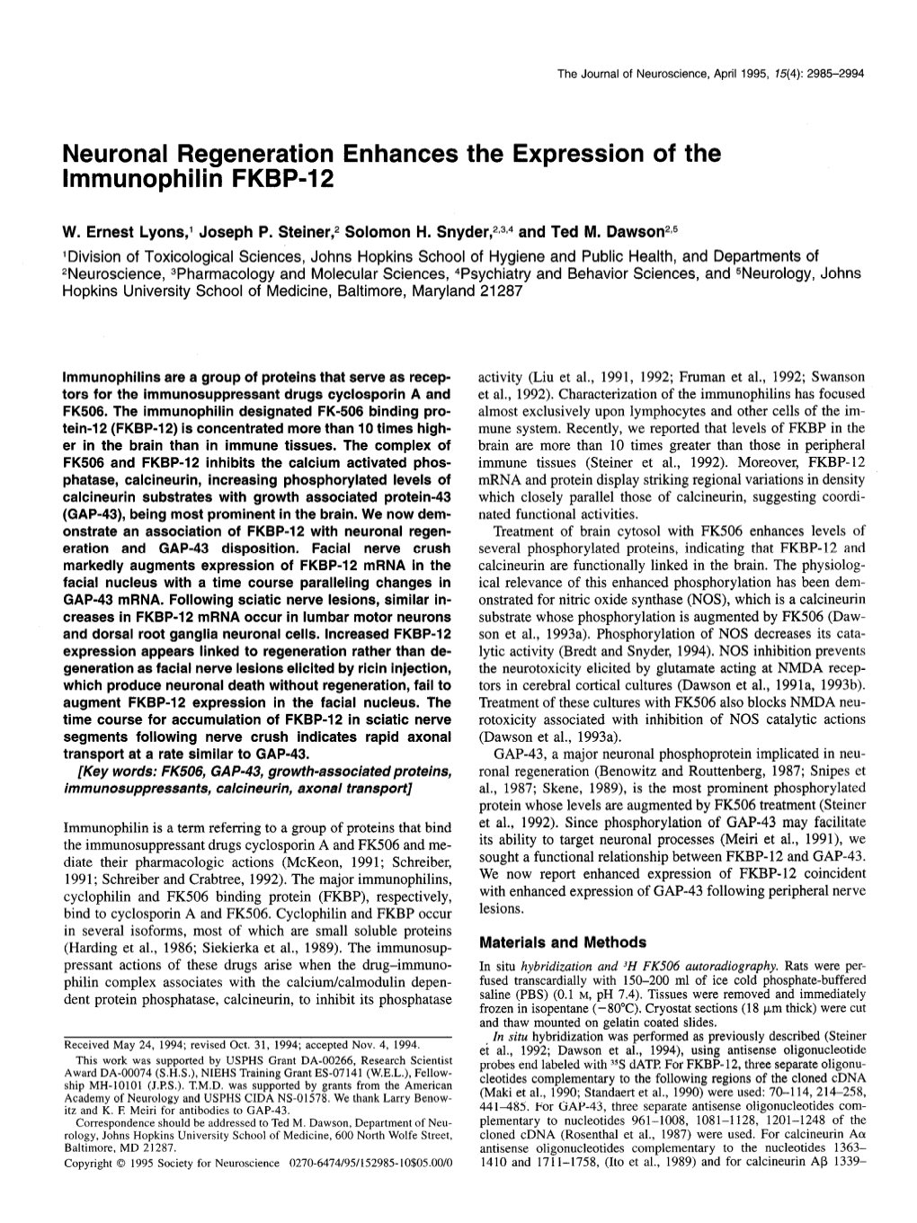 Neuronal Regeneration Enhances the Expression of the Lmmunophilin FKBP-12