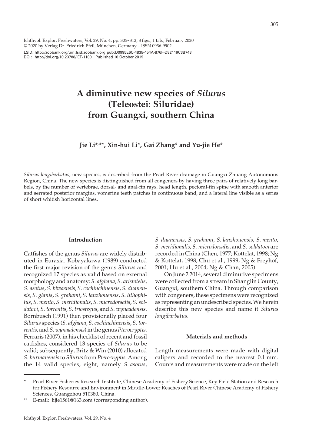 A Diminutive New Species of Silurus (Teleostei: Siluridae) from Guangxi, Southern China