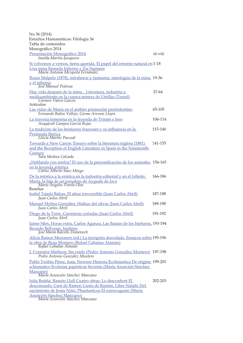 (2014) Estudios Humanísticos: Filología 36 Tabla De Contenidos