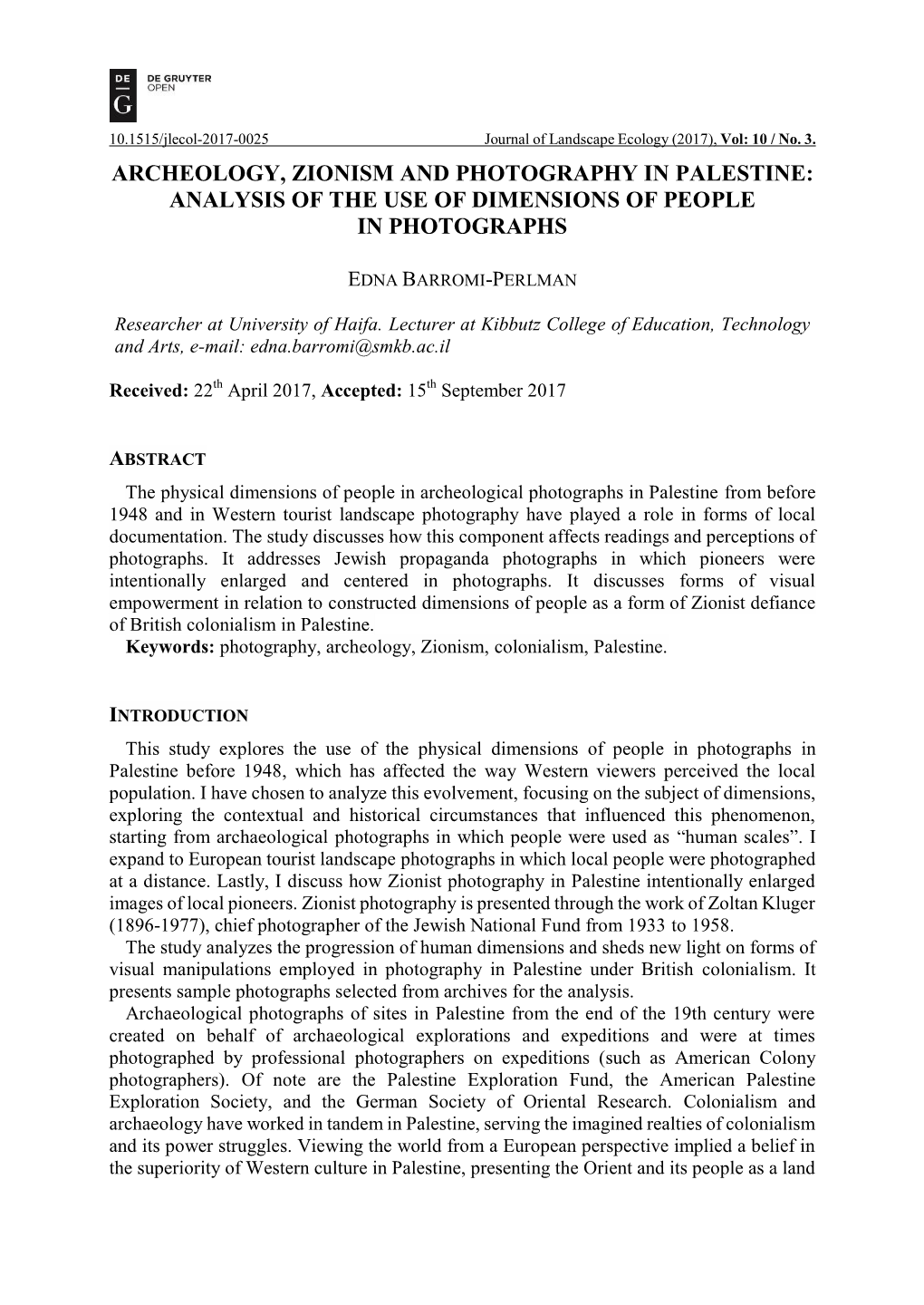 Archeology, Zionism and Photography in Palestine: Analysis of the Use of Dimensions of People in Photographs