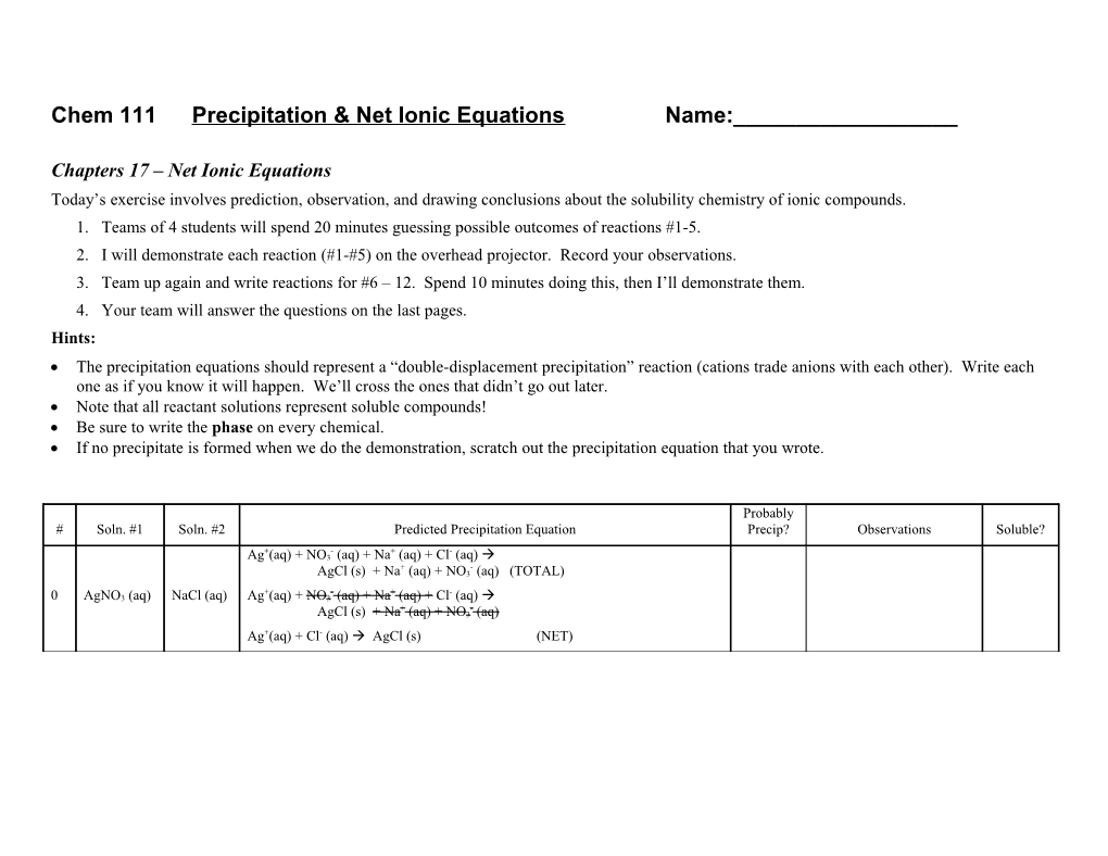 Chem 111 Precipitation & Net Ionic Equations Name:______