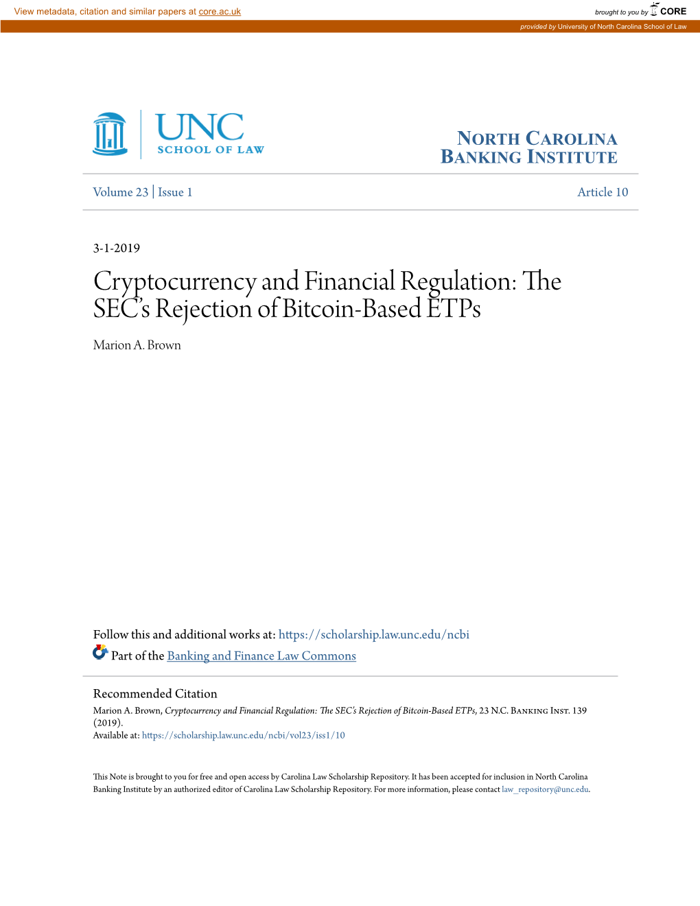 Cryptocurrency and Financial Regulation: the SEC’S Rejection of Bitcoin-Based Etps Marion A