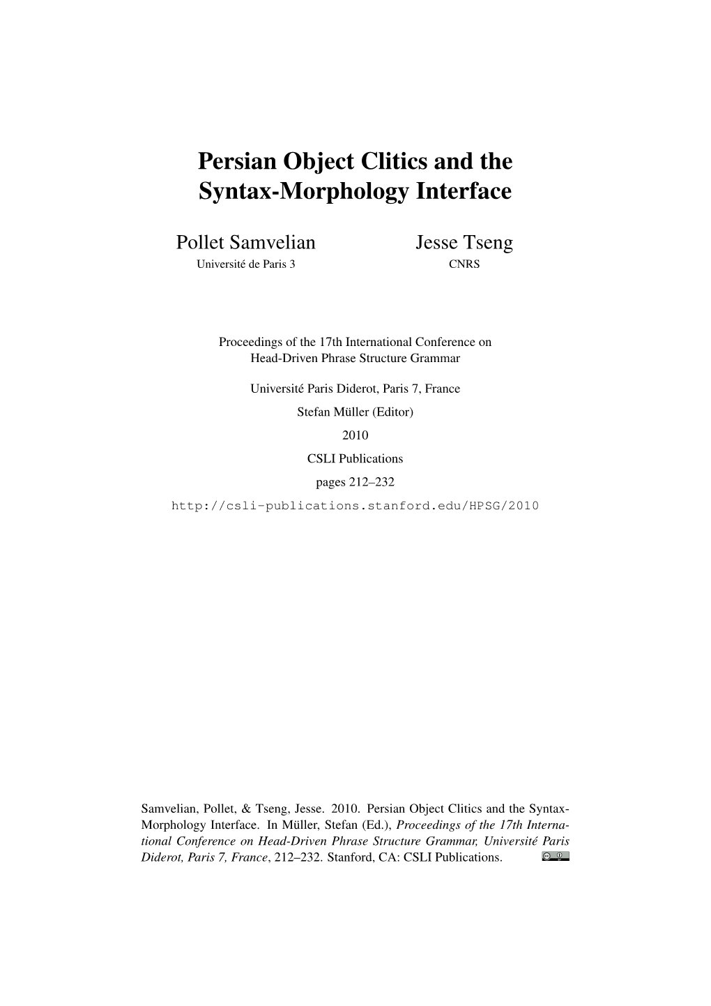 Persian Object Clitics and the Syntax-Morphology Interface