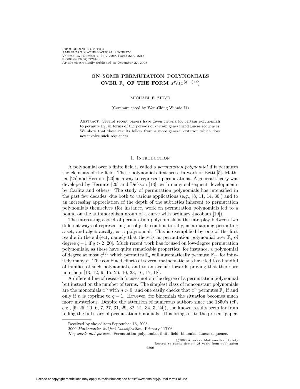 ON SOME PERMUTATION POLYNOMIALS OVER Fq of the FORM Xrh(X(Q−1)/D)