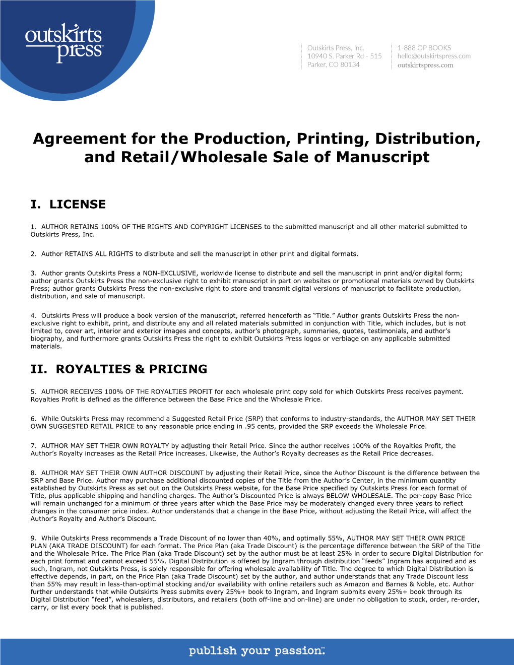 Agreement for the Production, Printing, Distribution, and Retail/Wholesale Sale of Manuscript