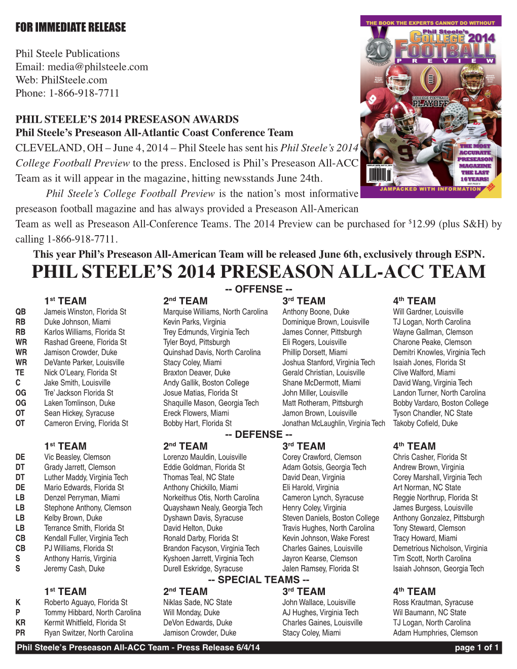 Phil Steele's 2014 Preseason All-Acc Team