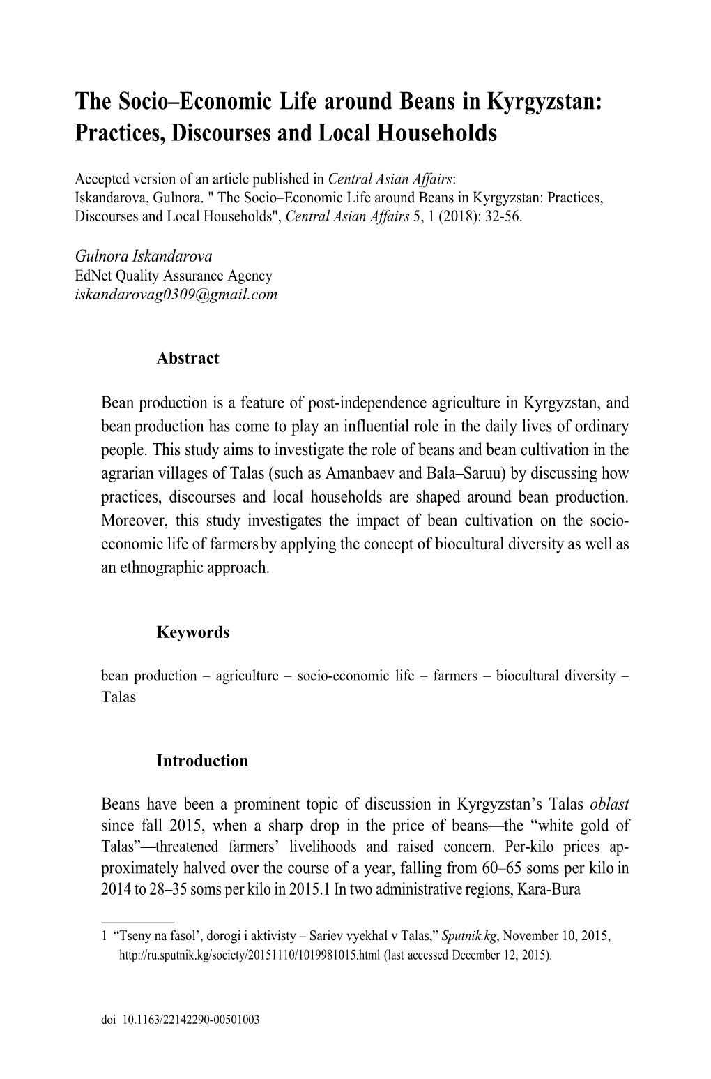 The Socio–Economic Life Around Beans in Kyrgyzstan: Practices, Discourses and Local Households