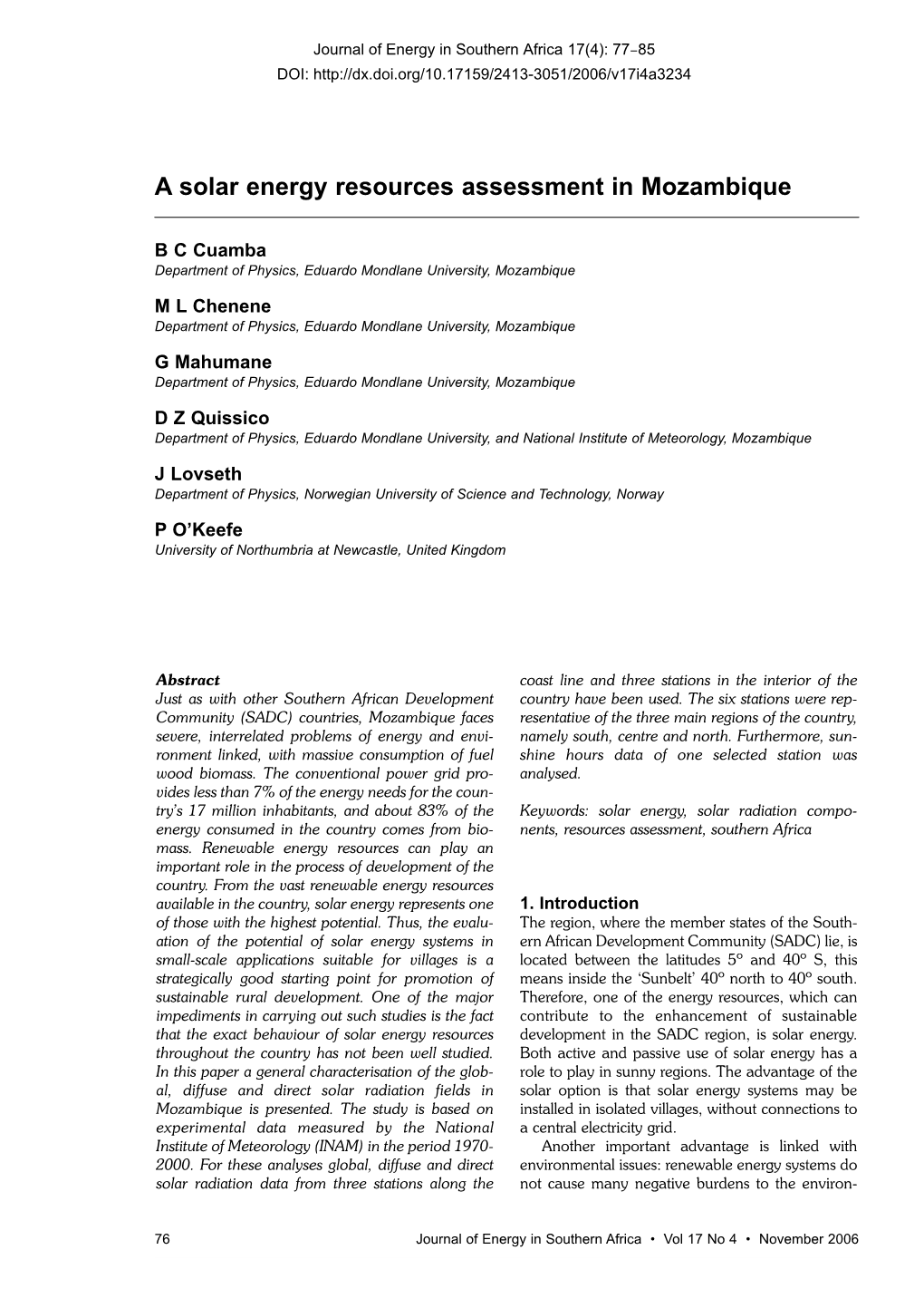 A Solar Energy Resources Assessment in Mozambique