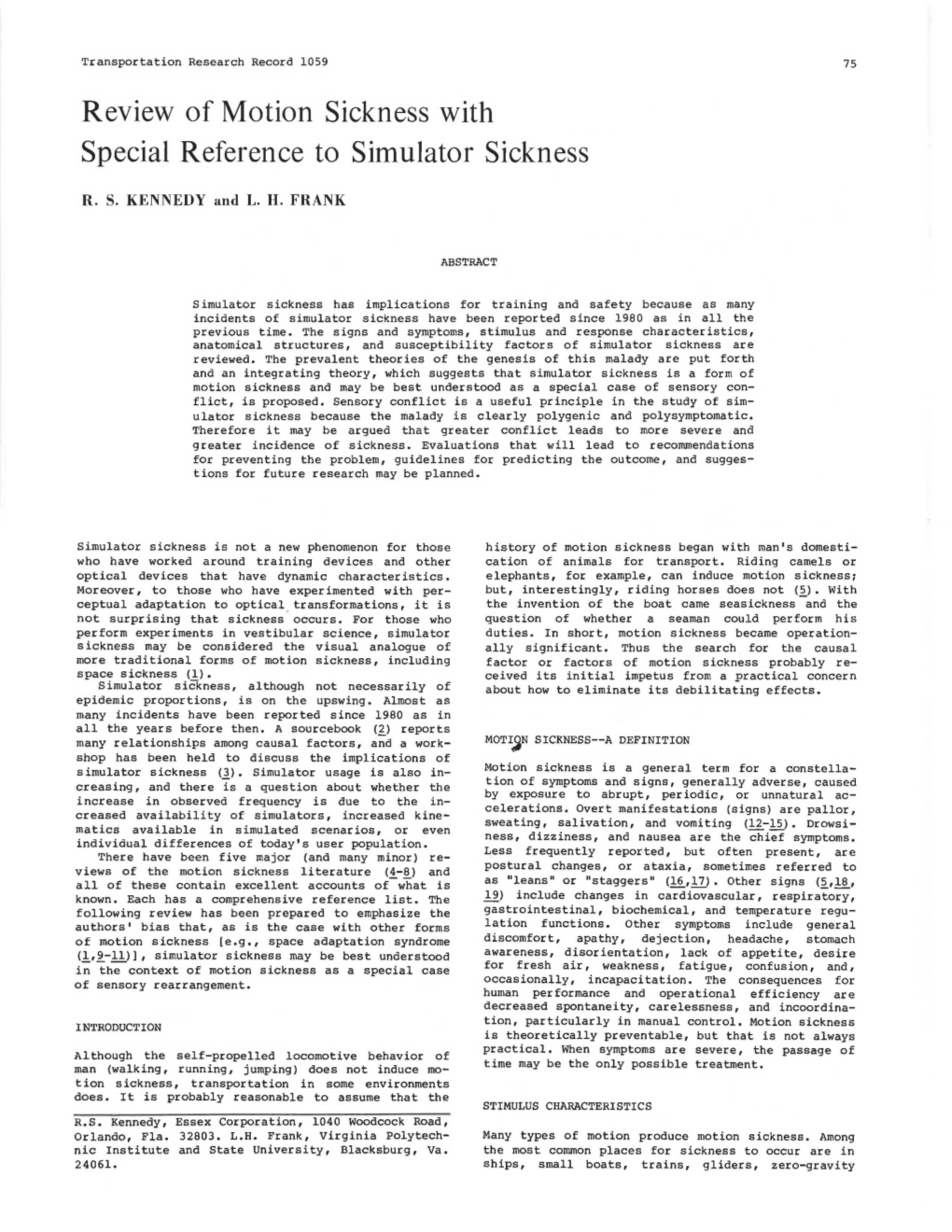 Review of Motion Sickness with Special Reference to Simulator Sickness