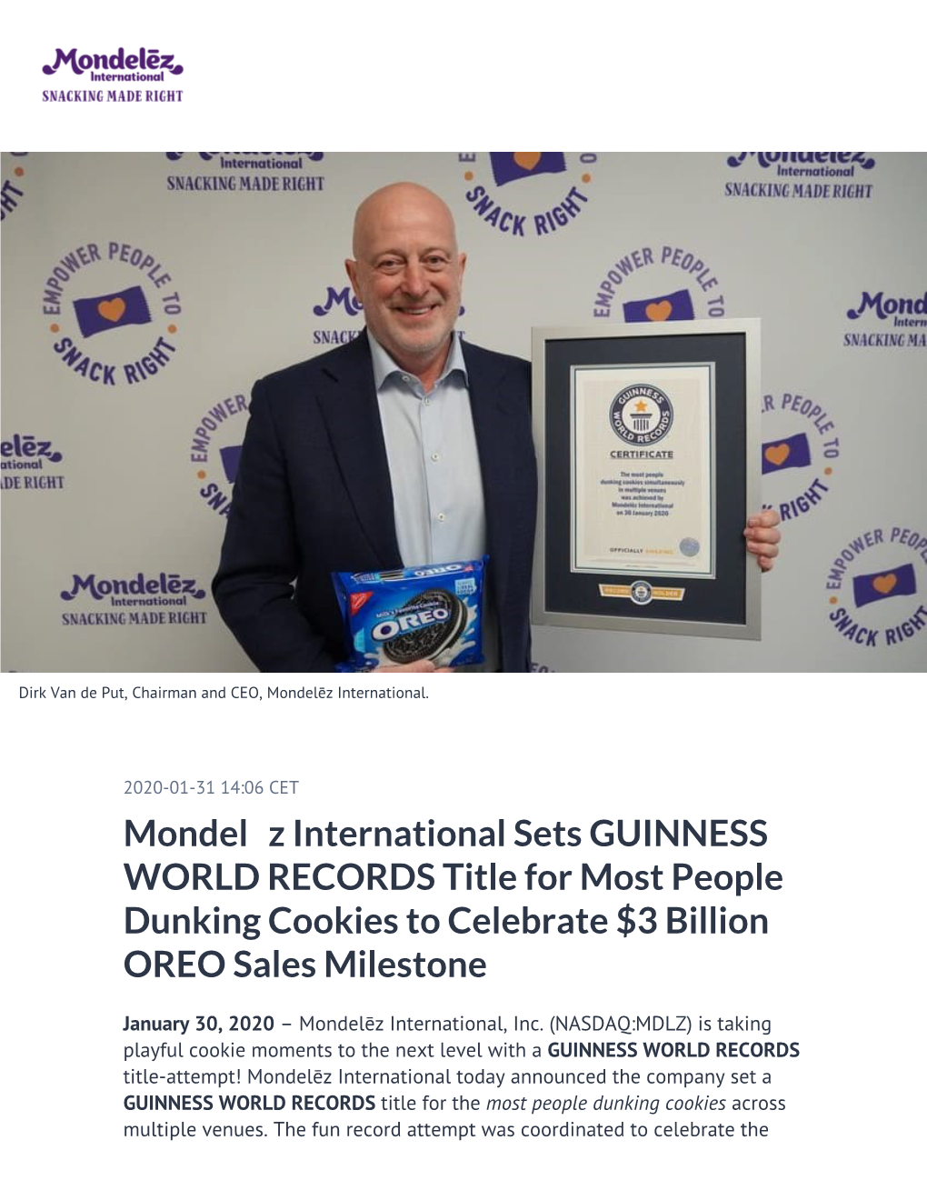 Mondelēz International Sets GUINNESS WORLD RECORDS Title for Most People Dunking Cookies to Celebrate $3 Billion OREO Sales Milestone