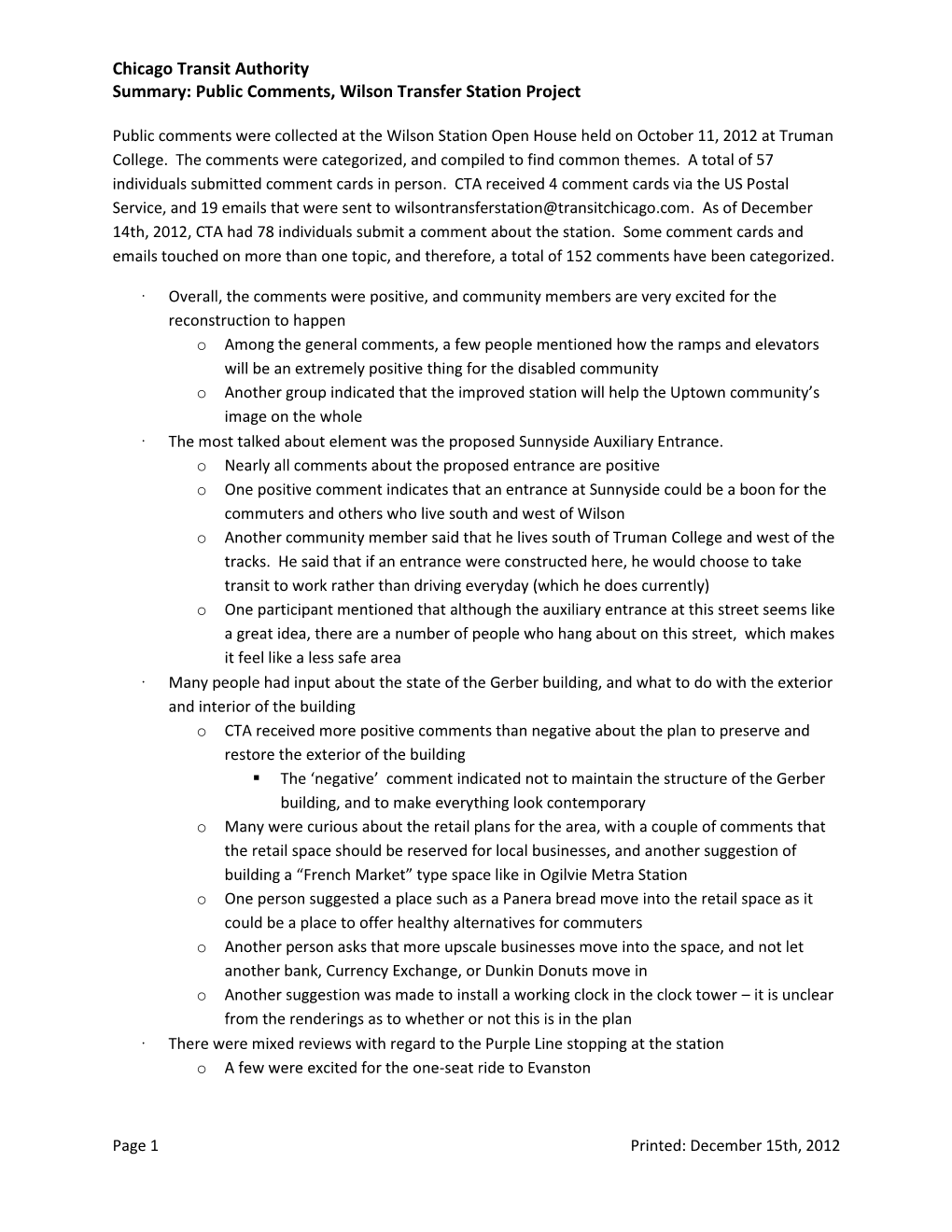 Public Comments, Wilson Transfer Station Project