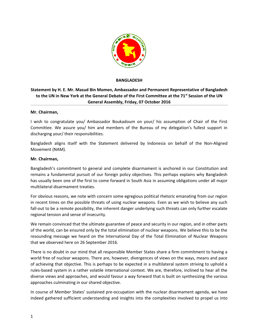 Statement by H. E. Mr. Masud Bin Momen, Ambassador and Permanent Representative of Bangladesh