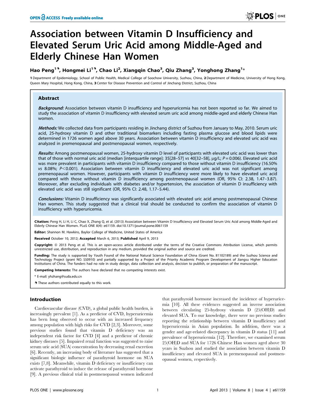 Association Between Vitamin D Insufficiency and Elevated Serum Uric Acid Among Middle-Aged and Elderly Chinese Han Women