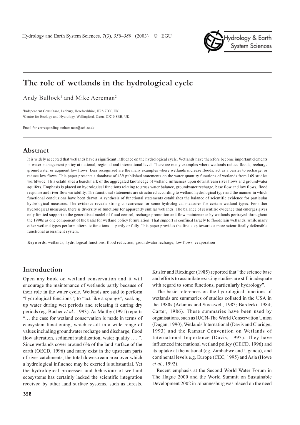 The Role of Wetlands in the Hydrological Cycle