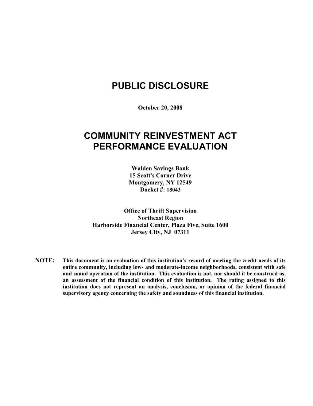 Community Reinvestment Act Performance Evaluation