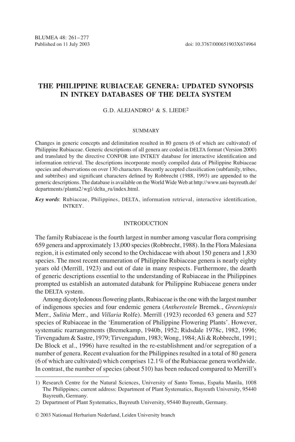 The Philippine Rubiaceae Genera: Updated Synopsis in Intkey Databases of the Delta System