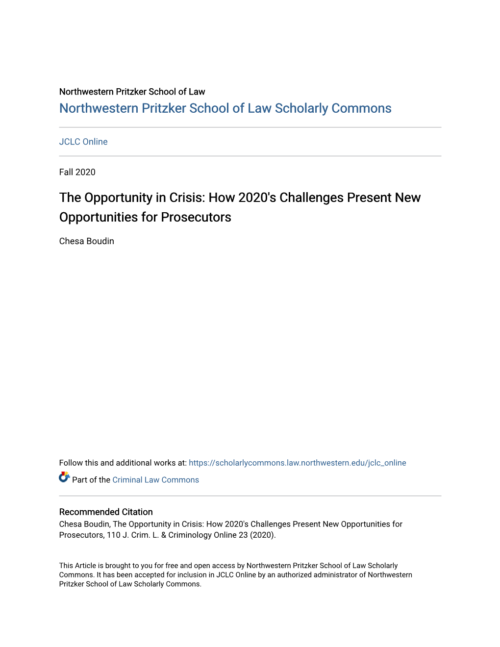 The Opportunity in Crisis: How 2020'S Challenges Present New Opportunities for Prosecutors
