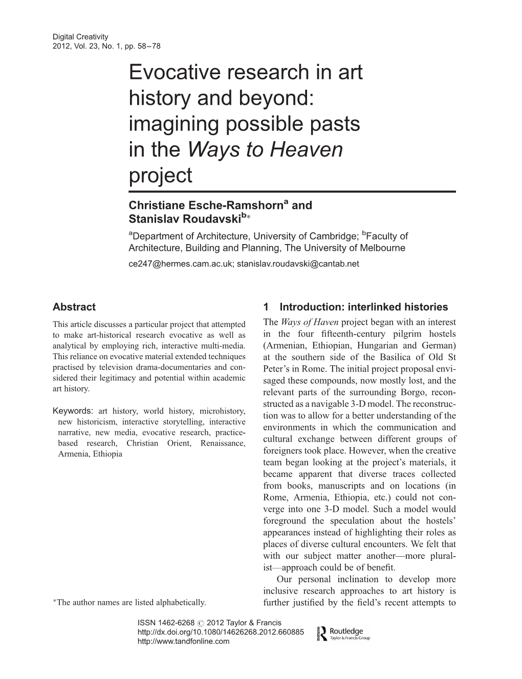 Evocative Research in Art History and Beyond: Imagining Possible Pasts in the Ways to Heaven Project