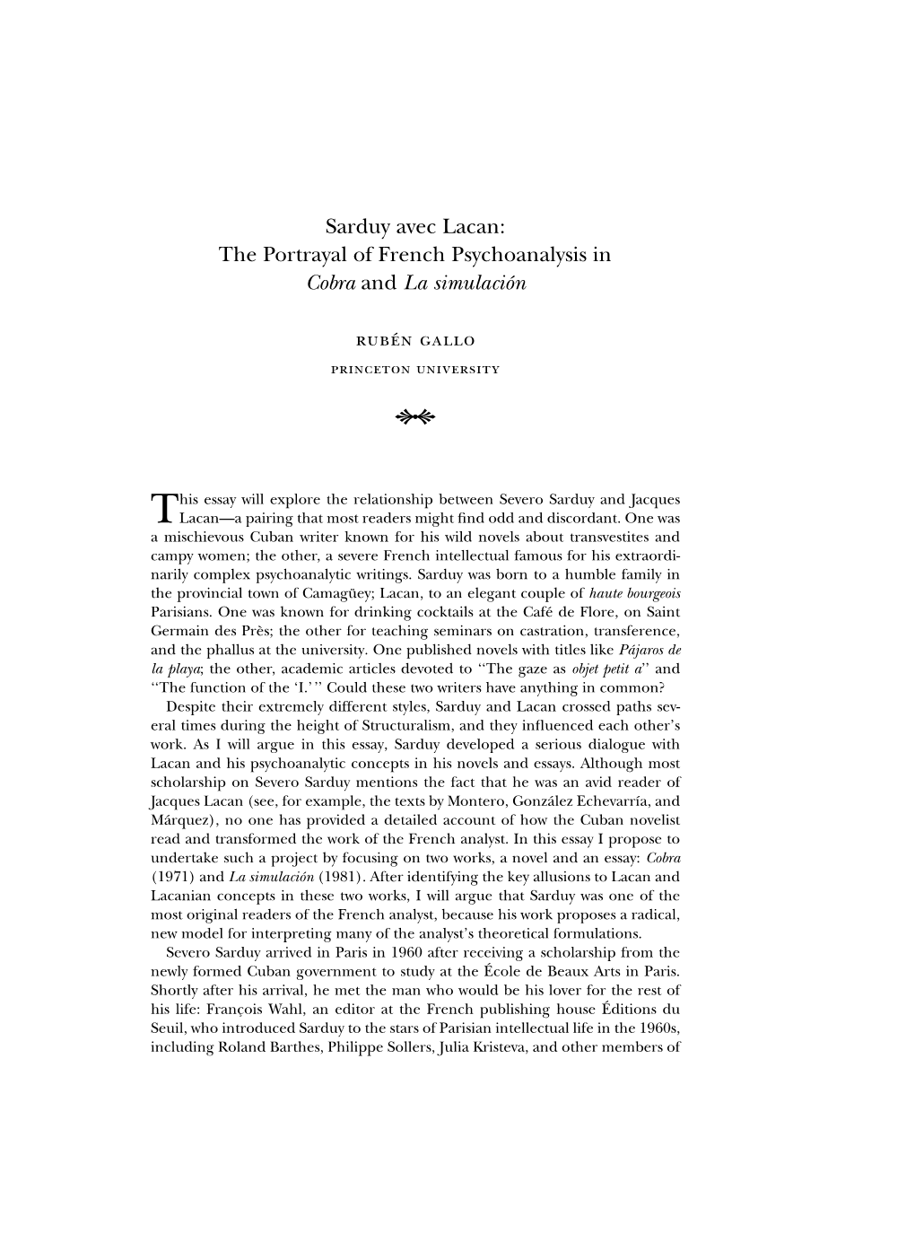 Sarduy Avec Lacan: the Portrayal of French Psychoanalysis in Cobra and La Simulacio´N