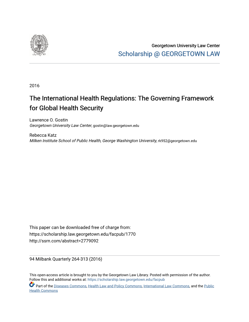 The International Health Regulations: the Governing Framework for Global Health Security