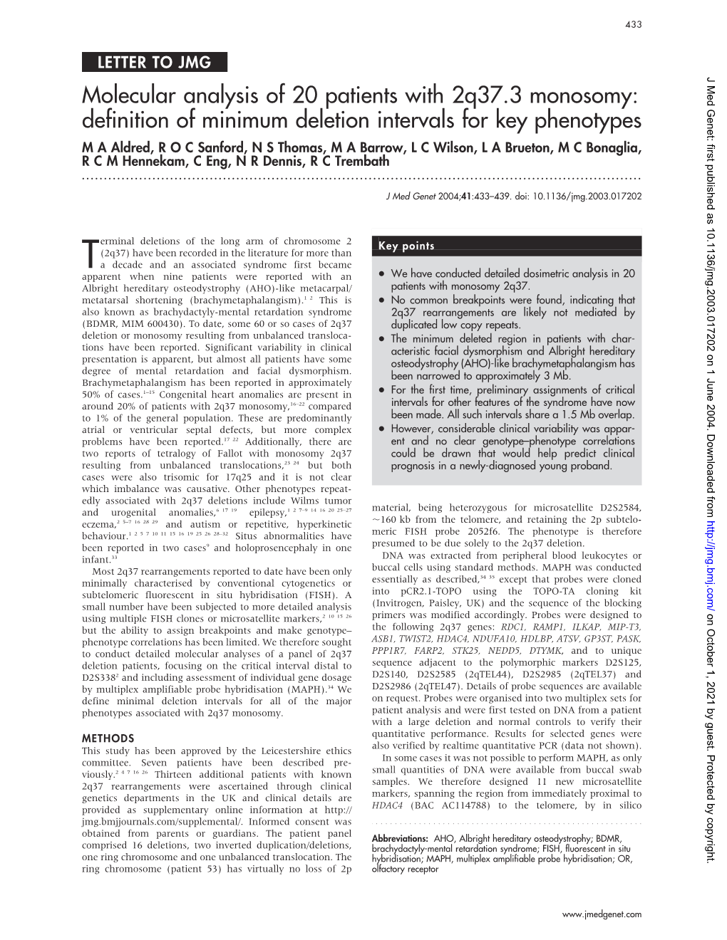 Molecular Analysis of 20 Patients with 2Q37