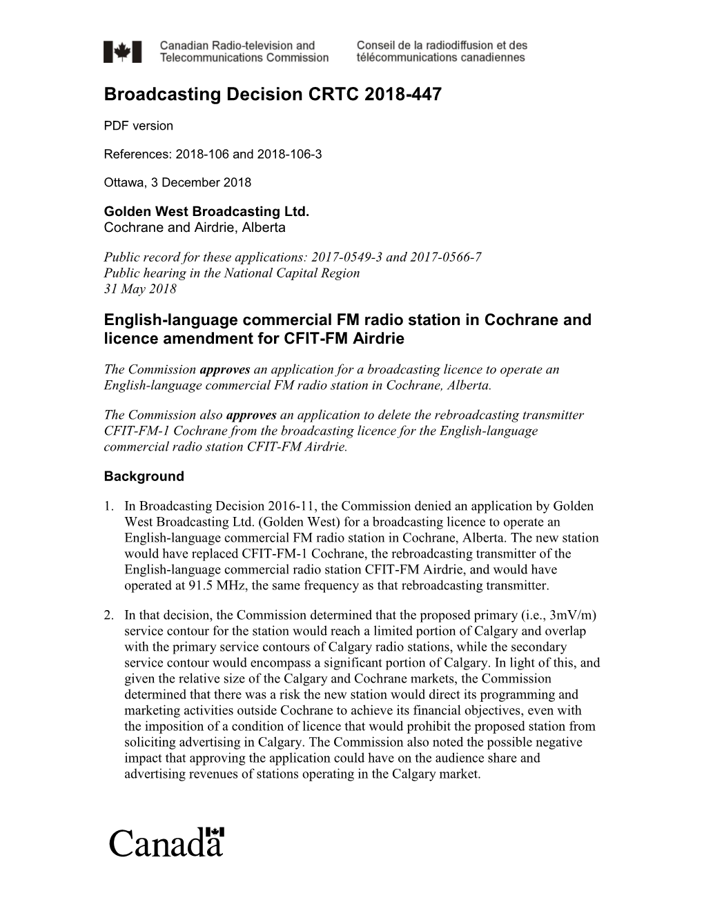 English-Language Commercial FM Radio Station in Cochrane and Licence Amendment for CFIT-FM Airdrie