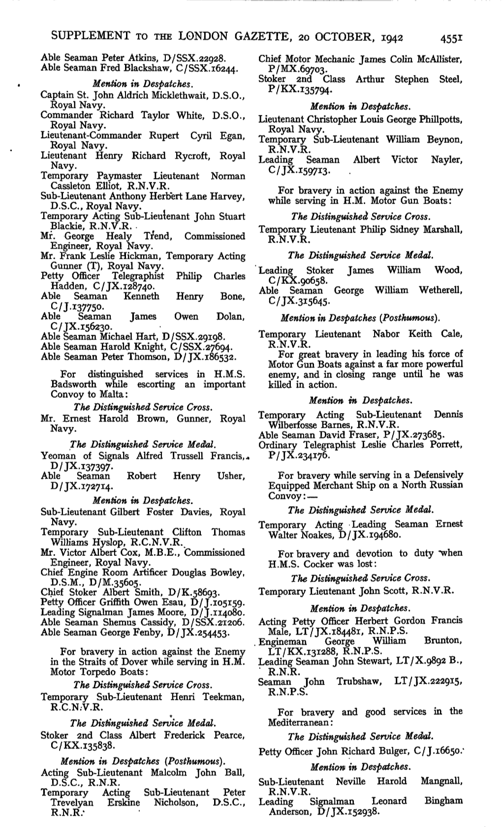 SUPPLEMENT to the LONDON GAZETTE, 20 OCTOBER, 1942 4551 Able Seaman Peter Atkins, D/SSX.22928
