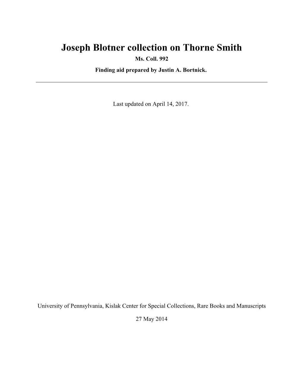 Joseph Blotner Collection on Thorne Smith Ms