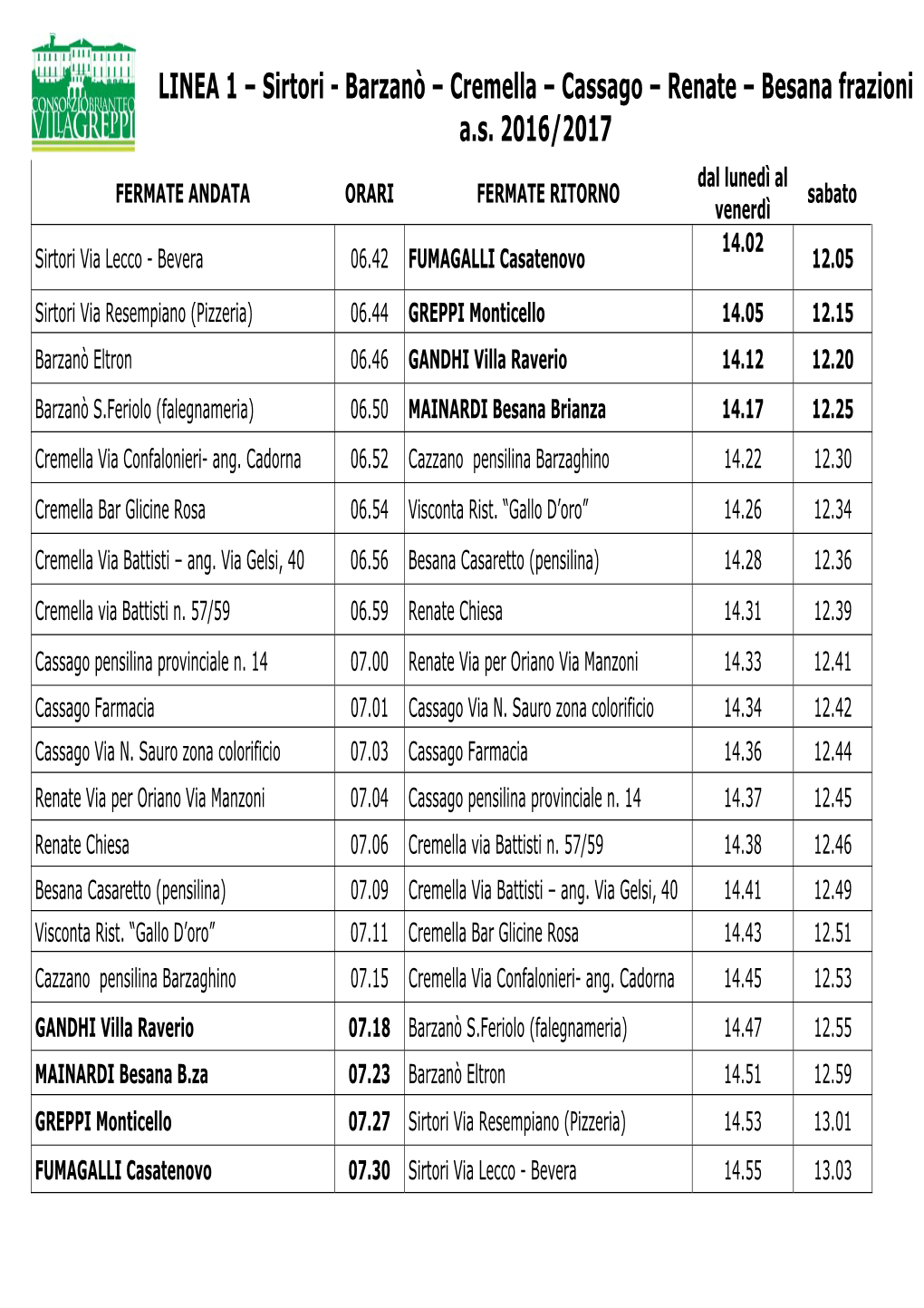 LINEA 1 – Sirtori - Barzanò – Cremella – Cassago – Renate – Besana Frazioni A.S