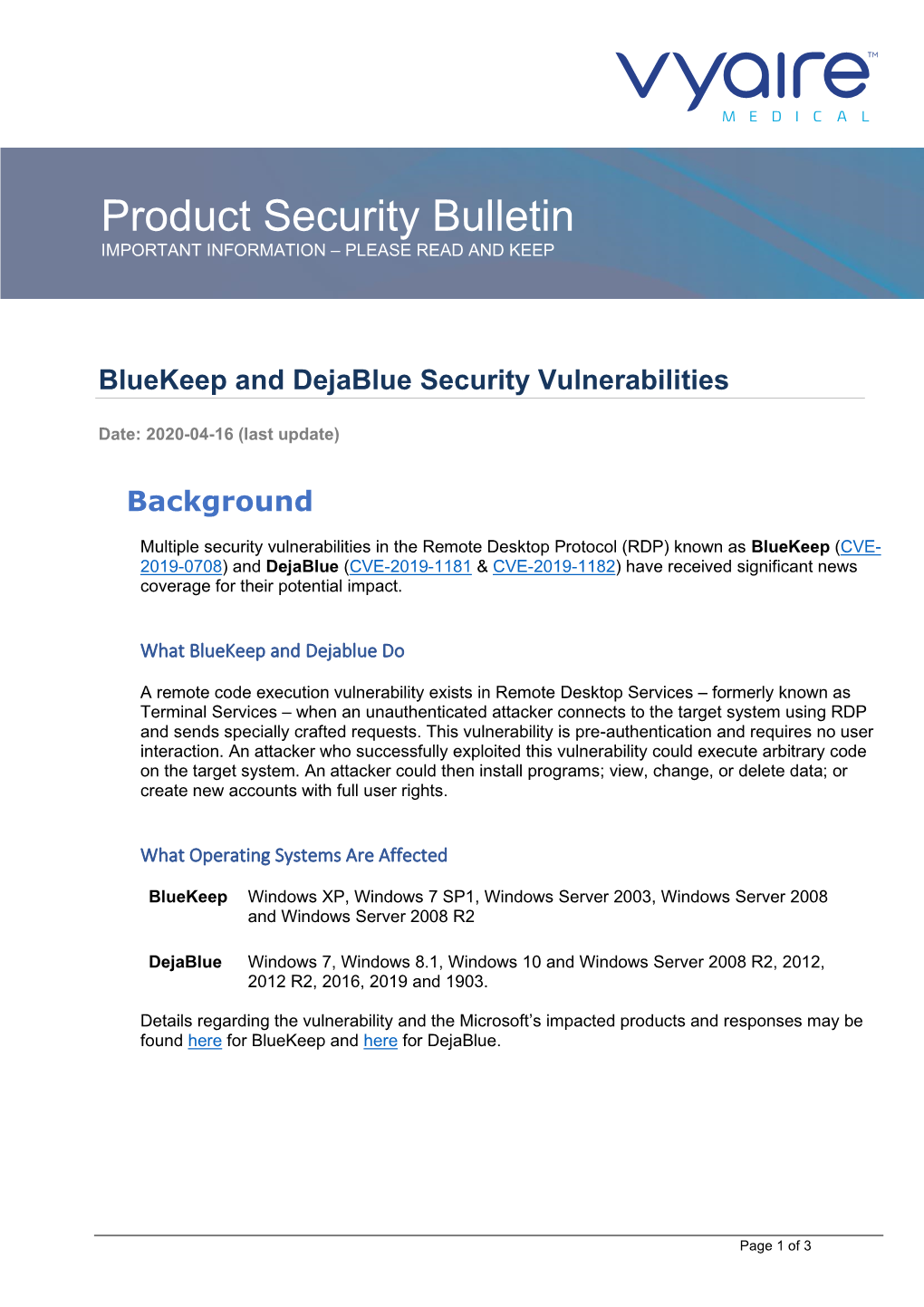 Security Bulletin for Bluekeep and Dejablue Vulnerabilities