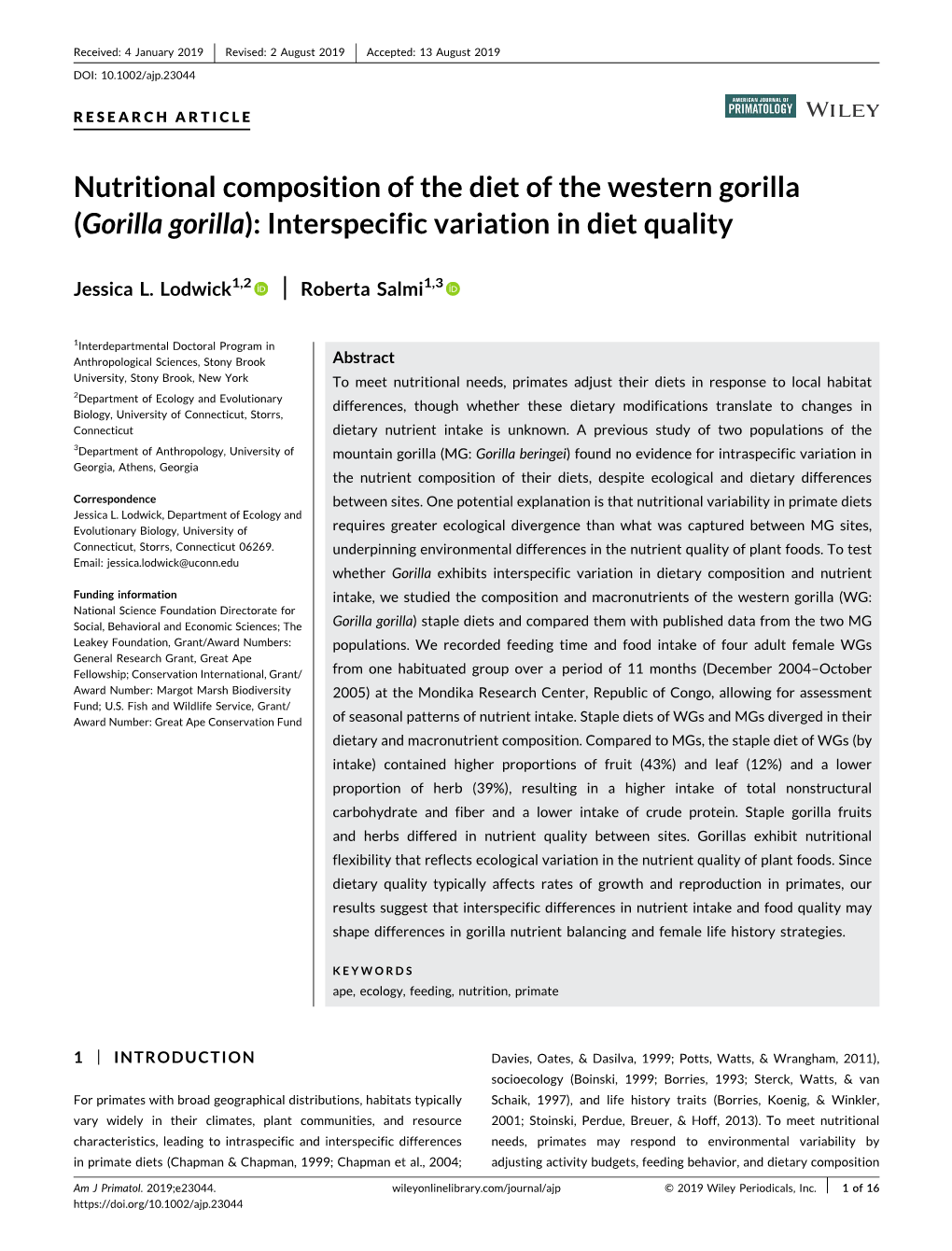 Nutritional Composition of the Diet of the Western Gorilla (Gorilla Gorilla): Interspecific Variation in Diet Quality