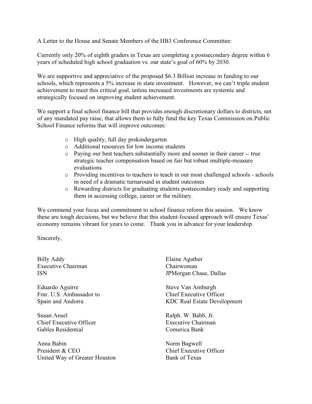 A Letter to the House and Senate Members of the HB3 Conference Committee