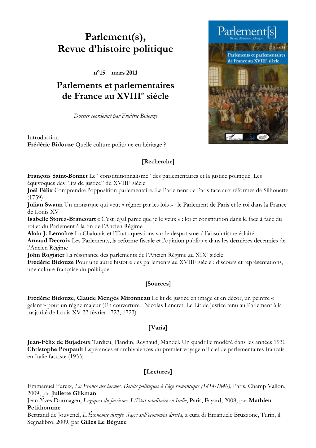 Parlements Et Parlementaires De France Au Xviiie Siècle